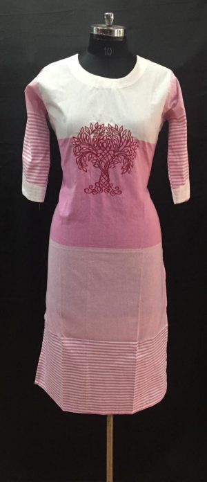 White Pink Thread Embroidered Cotton Kurti